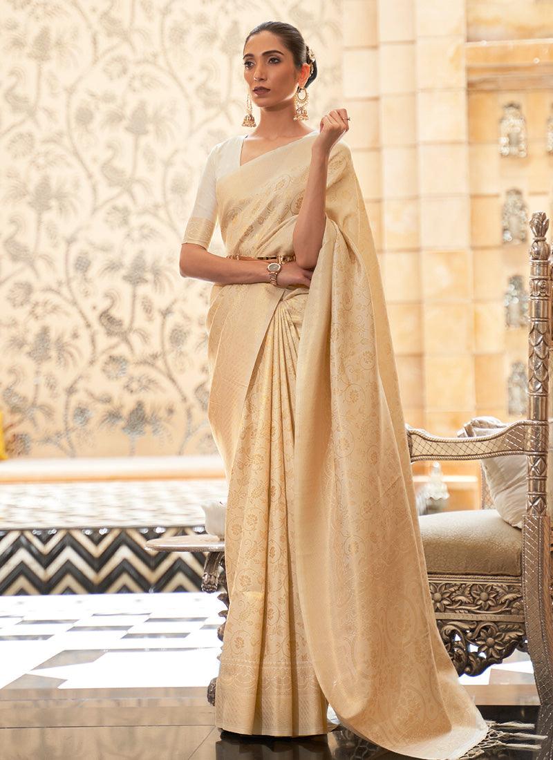 Artistic Look Silk Material Off-White Color Saree With Silk Weaving Browse