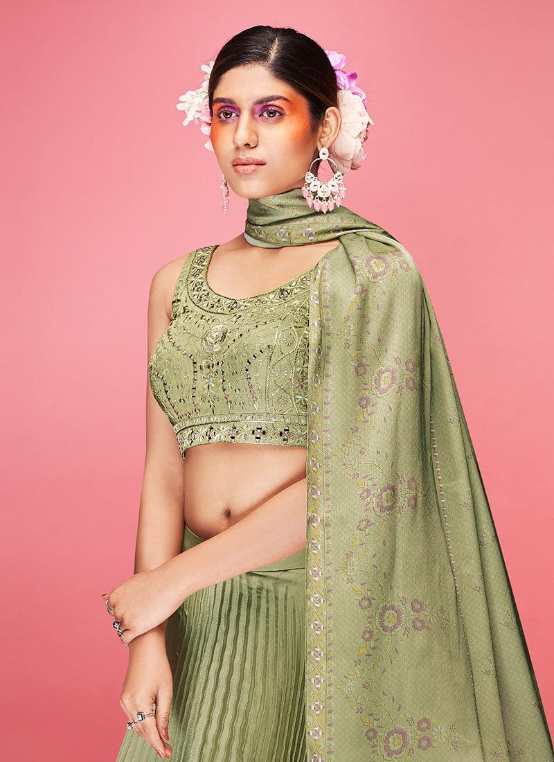 Olive Green Crushed Lehenga Choli With Dupatta Cheap Sale Low Cost