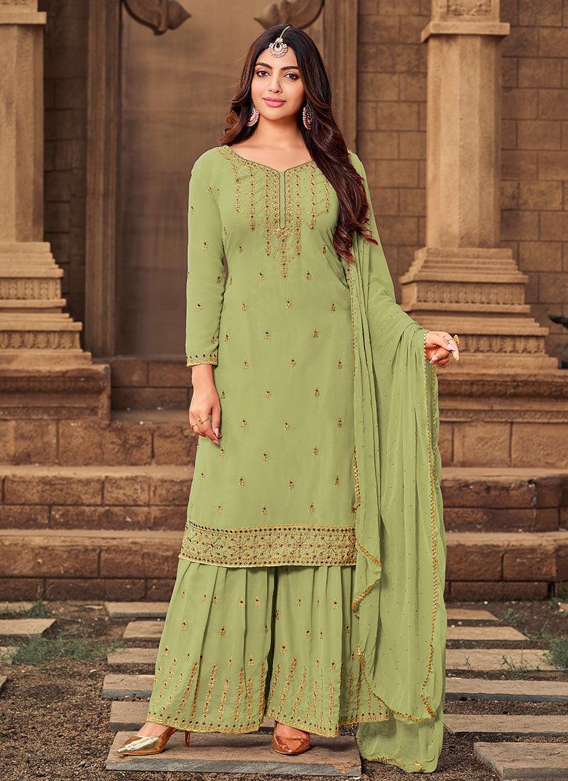 Light Green Color Georgette Base Sharara Suit With Zari Work Outlet Lowest Pice