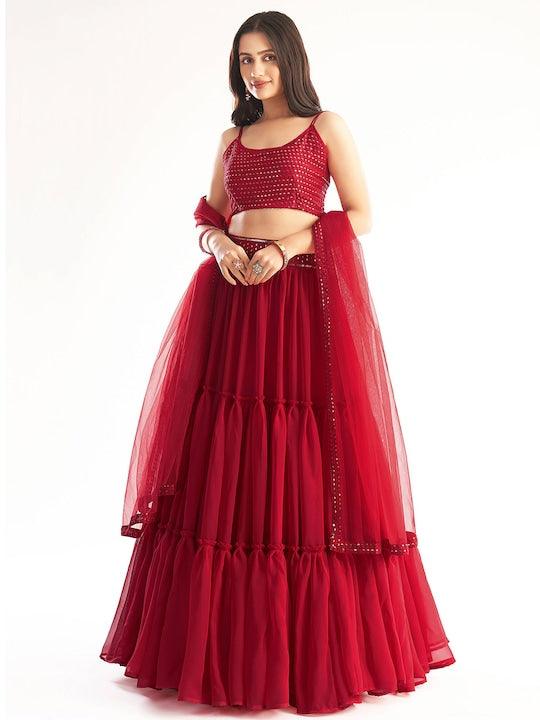 Red Georgette Embroidered Blouse with Plain Ruffle lehenga Sale Purchase