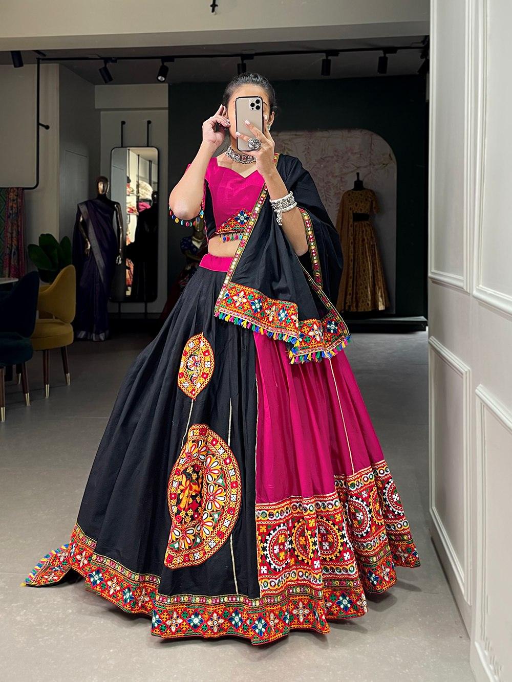 Black Pink Pure Cotton Gamthi Lace Border Worked Lehenga Choli Set Collections Online