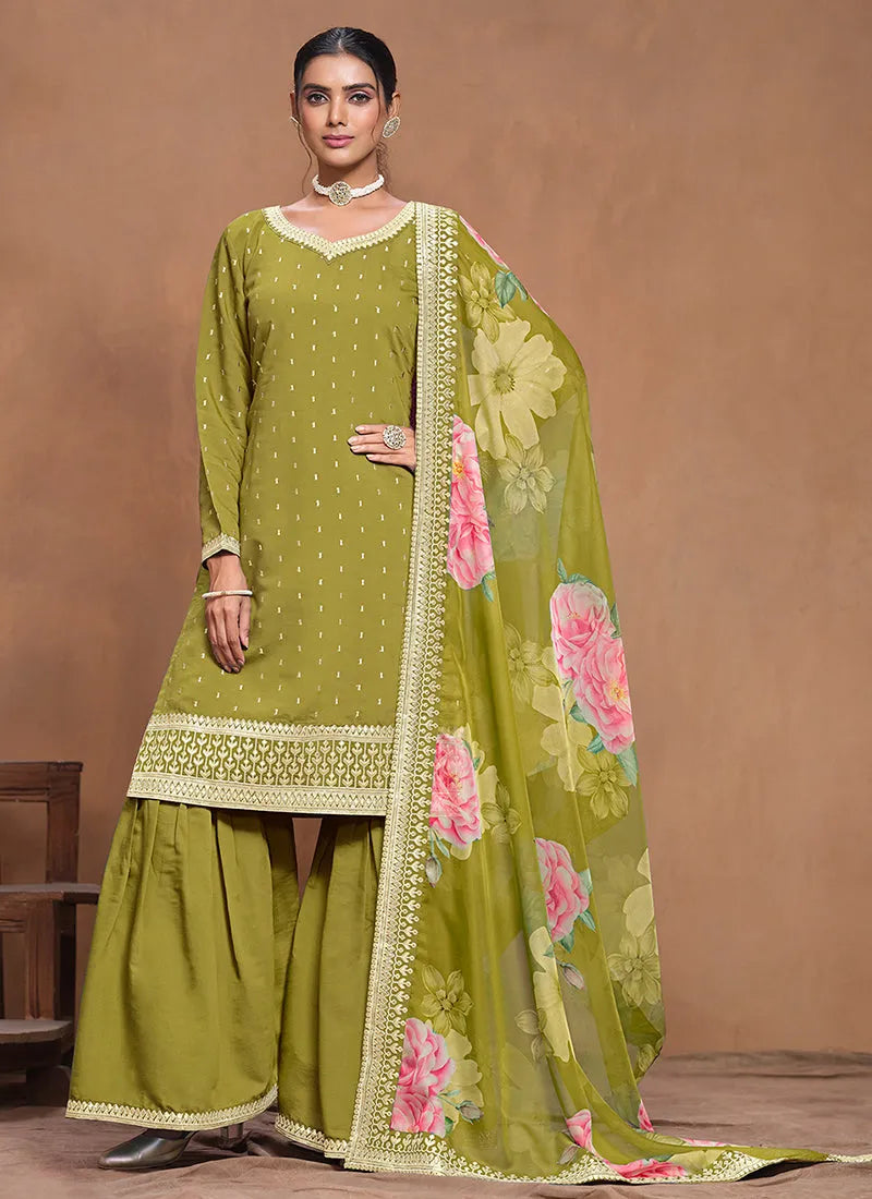 Designer Lime Green Embroidered Silk Sharara  Suit Free Shipping Pices