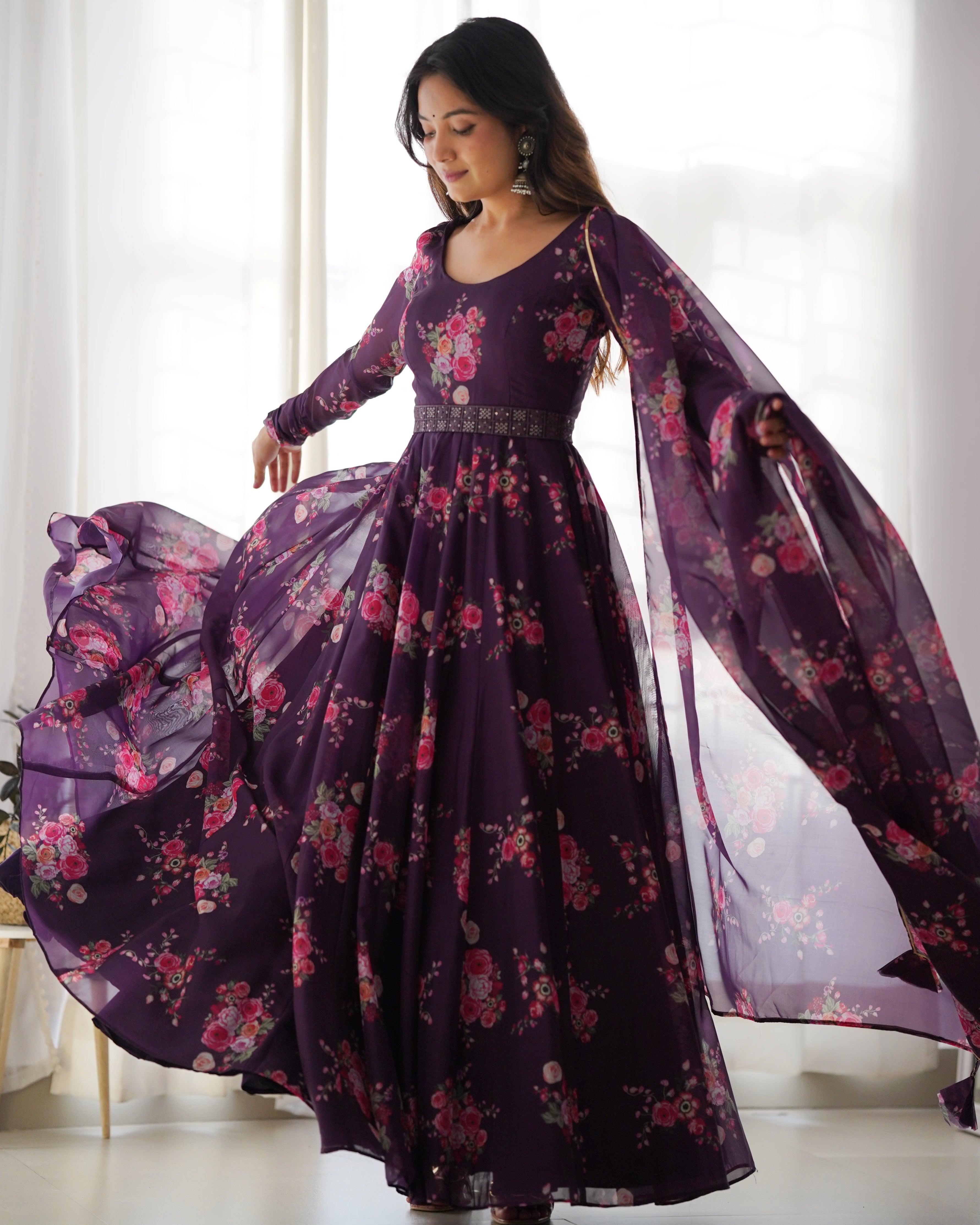 Enchanting Organza Silk Floral Digital Printed Anarkali Pant Suit Cheap Original