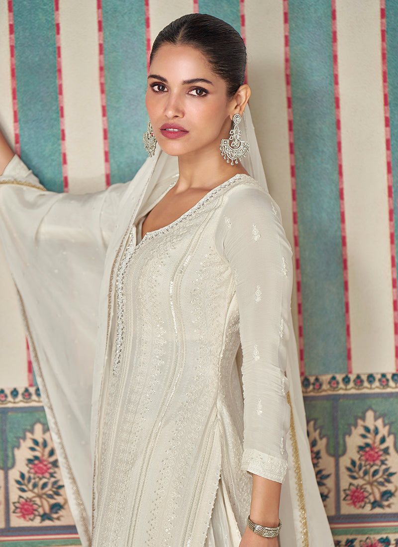 Exquisite Pearl White Embroidered Chinon Sharara Suit Sale 2025 Newest