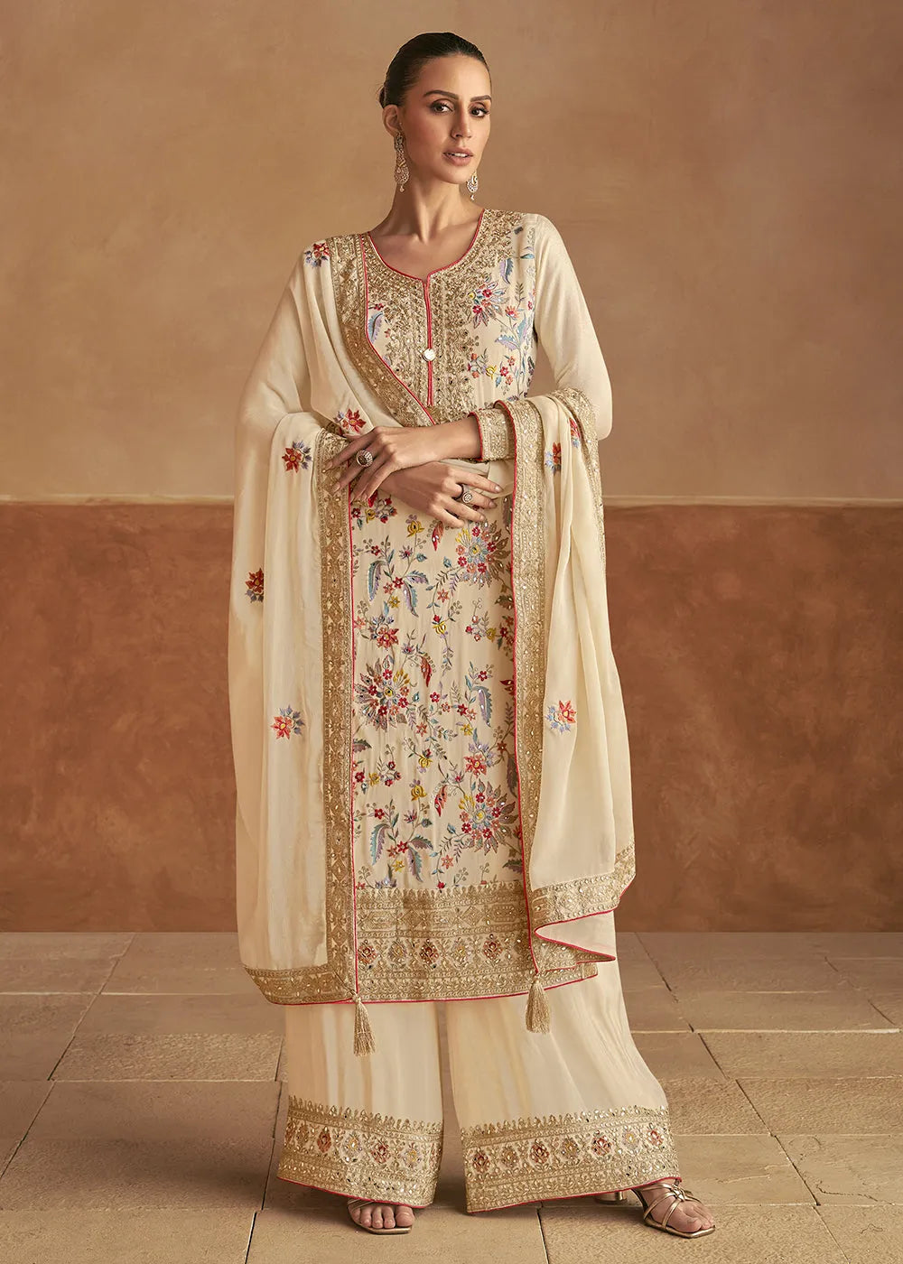 Comforting Pure Chinon Festive Kurta-Palazzo Set Sale For Cheap