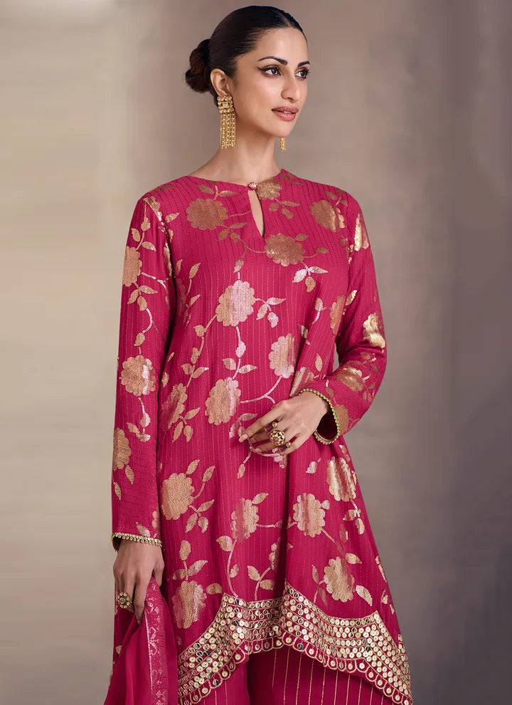 Magenta Premium Silk Sharara Suit with Thread and Sequins Detail Discounts