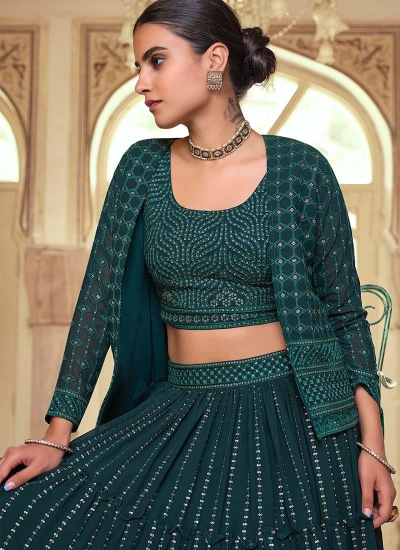 Dark Green Color Sequined Work Sensational Look Lehenga Jacket Outlet Cheap