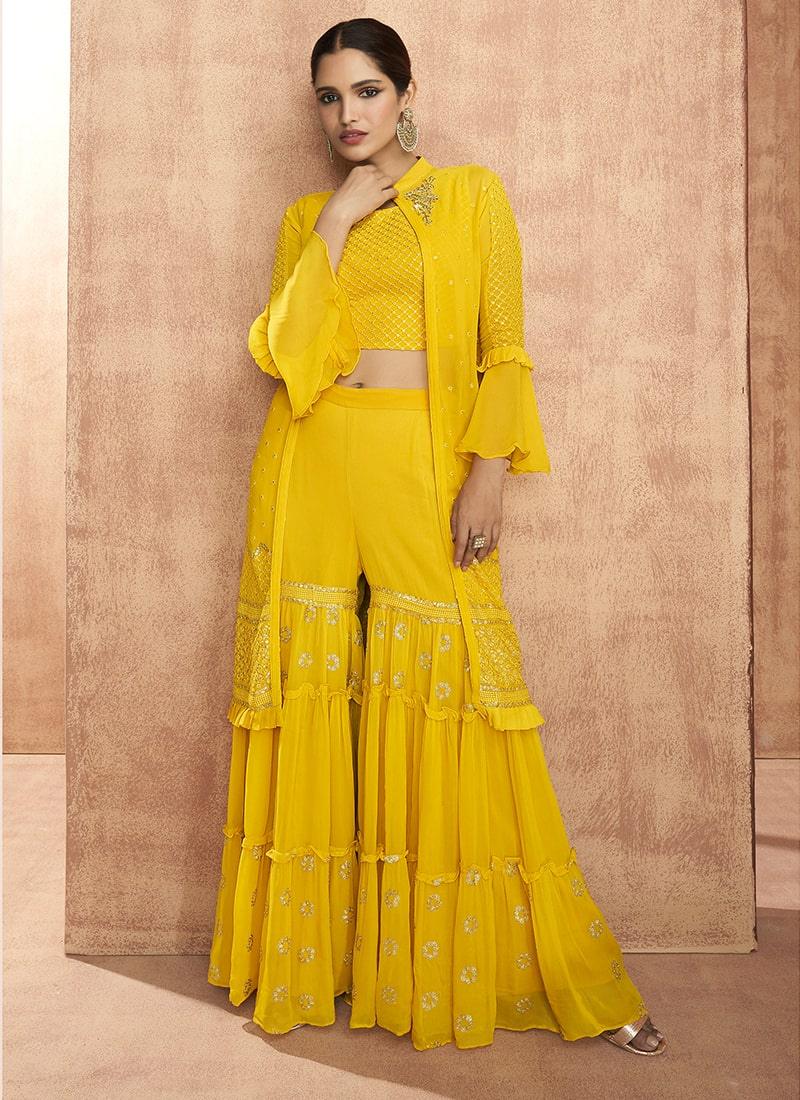 Partywear Yellow Color Georgette Fabric Sequins Work Sharara Suit Visit