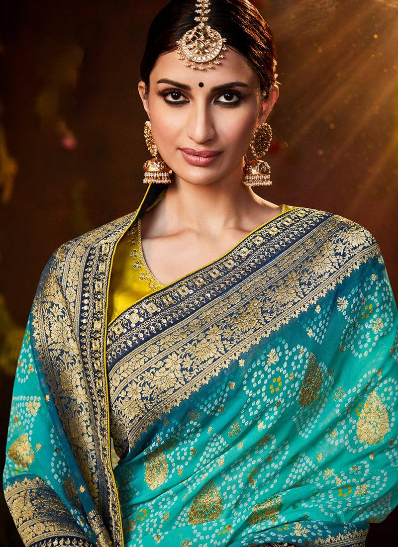 Embroidered Blouse With Turquoise Bandhej Saree Cheap Sale Big Sale