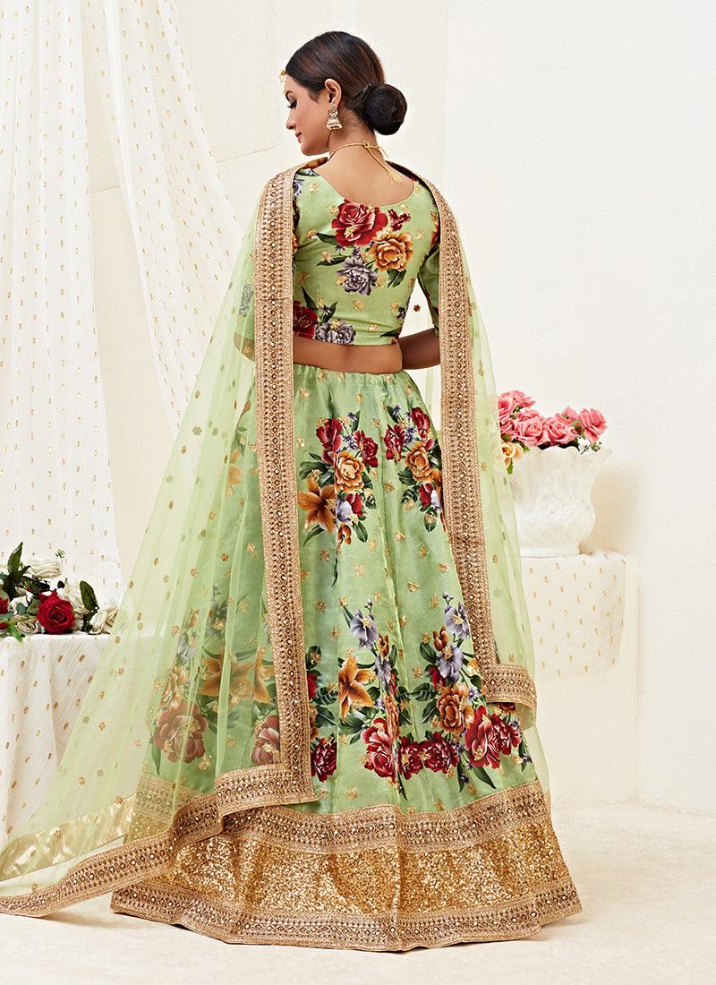 Floral Print Pista Green Satin Lehenga Choli With Mastercard Cheap Pice