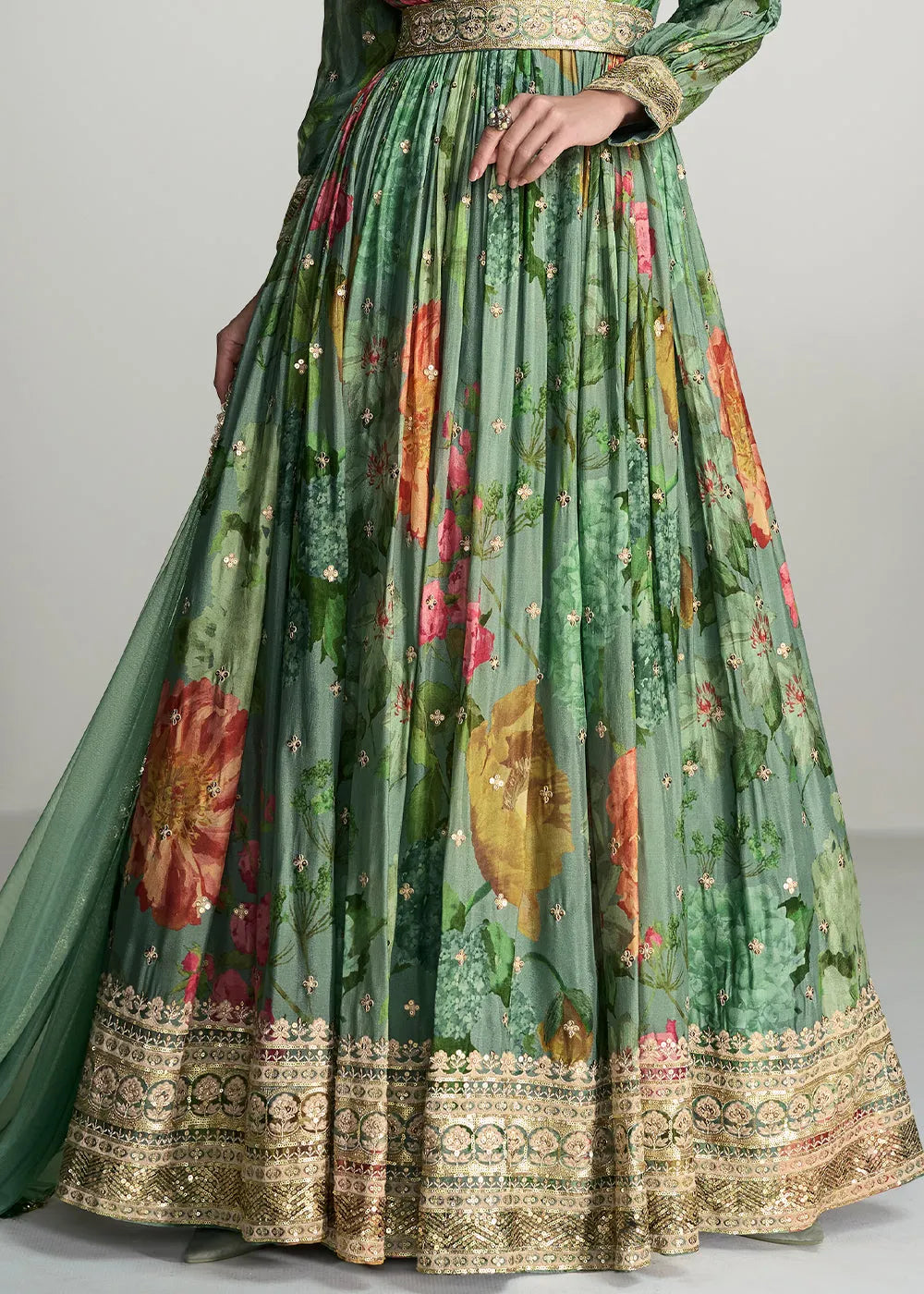 Elegant  Green Digital Floral Printed  Chinon Anarkali Gown With Dupatta Cheapest Online