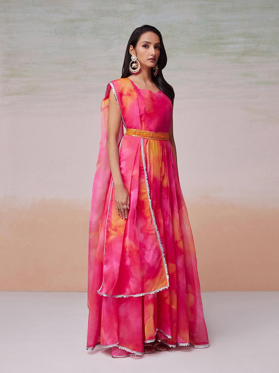 Multi flux printed gown with dupatta and belt Free Shipping Visit