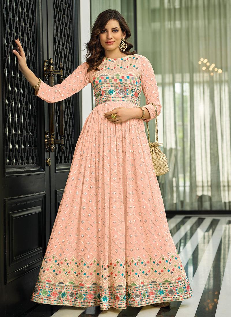 Colorful Thread Work Peach Georgette Gown Discount Big Discount