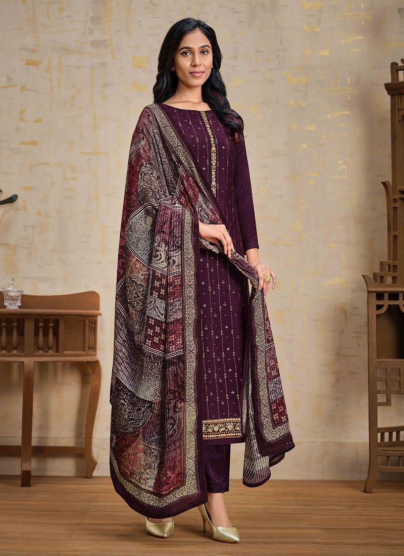 Wine Color Chinnon Base Swarovski Work Salwar Suit With Dupatta Reliable Sale Online