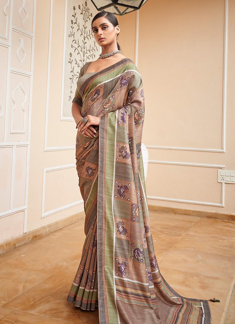 Grey Color Silk Base Digital Printed Saree With Matching Blouse Sale Finishline