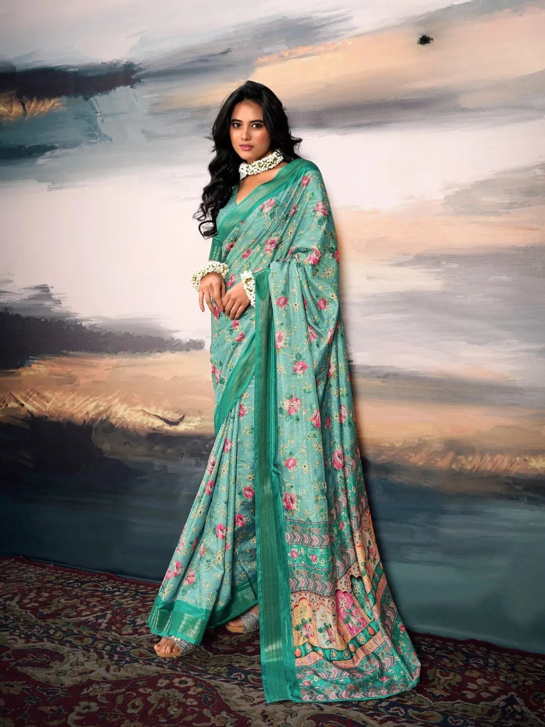 Divine Dark Pista Green Cotton Silk Digital Printed Saree Discount Brand New Unisex