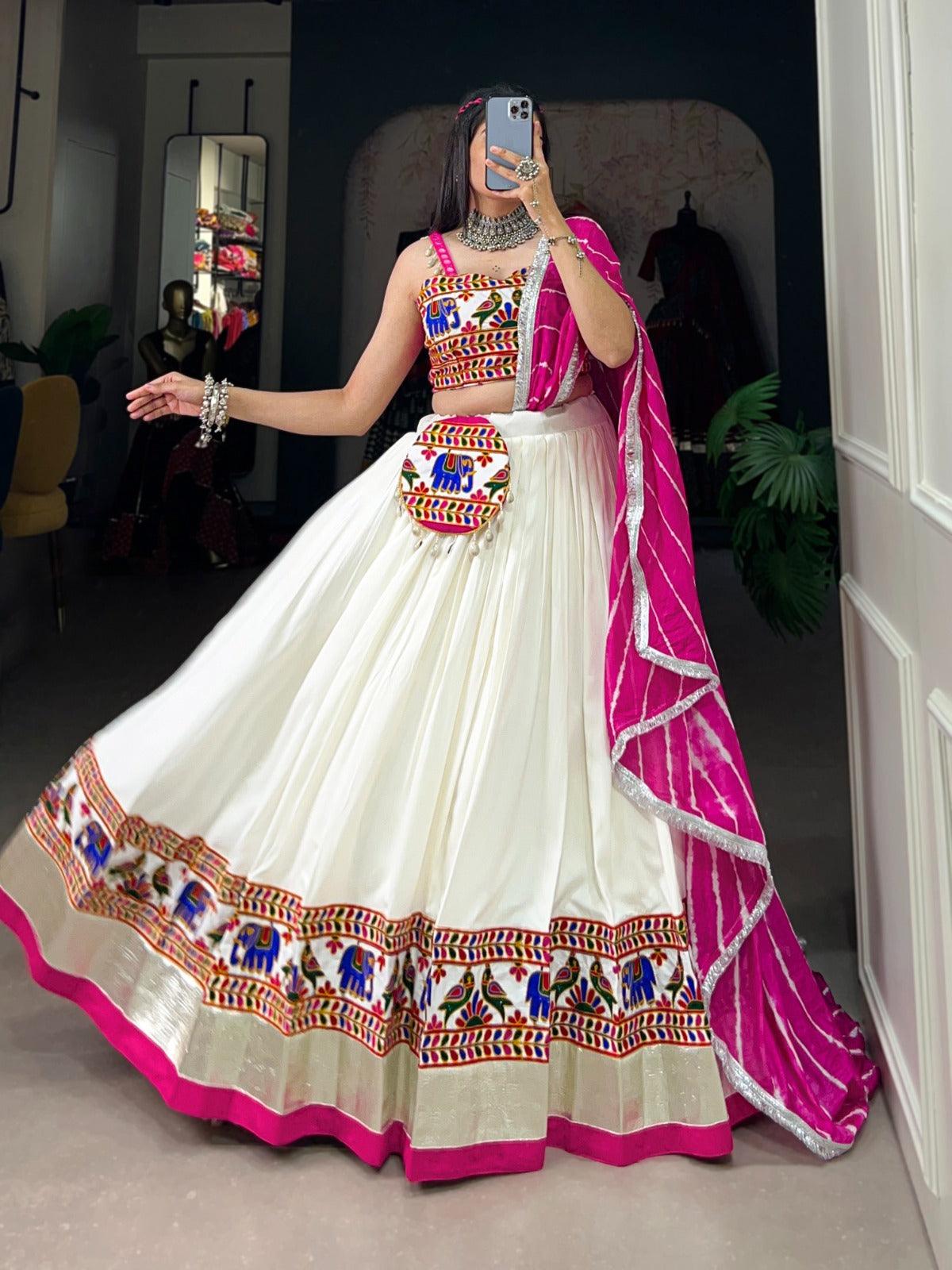 White Pure Rayon Gamthi Worked Navratri Lehenga Choli Set Best Pices Sale Online