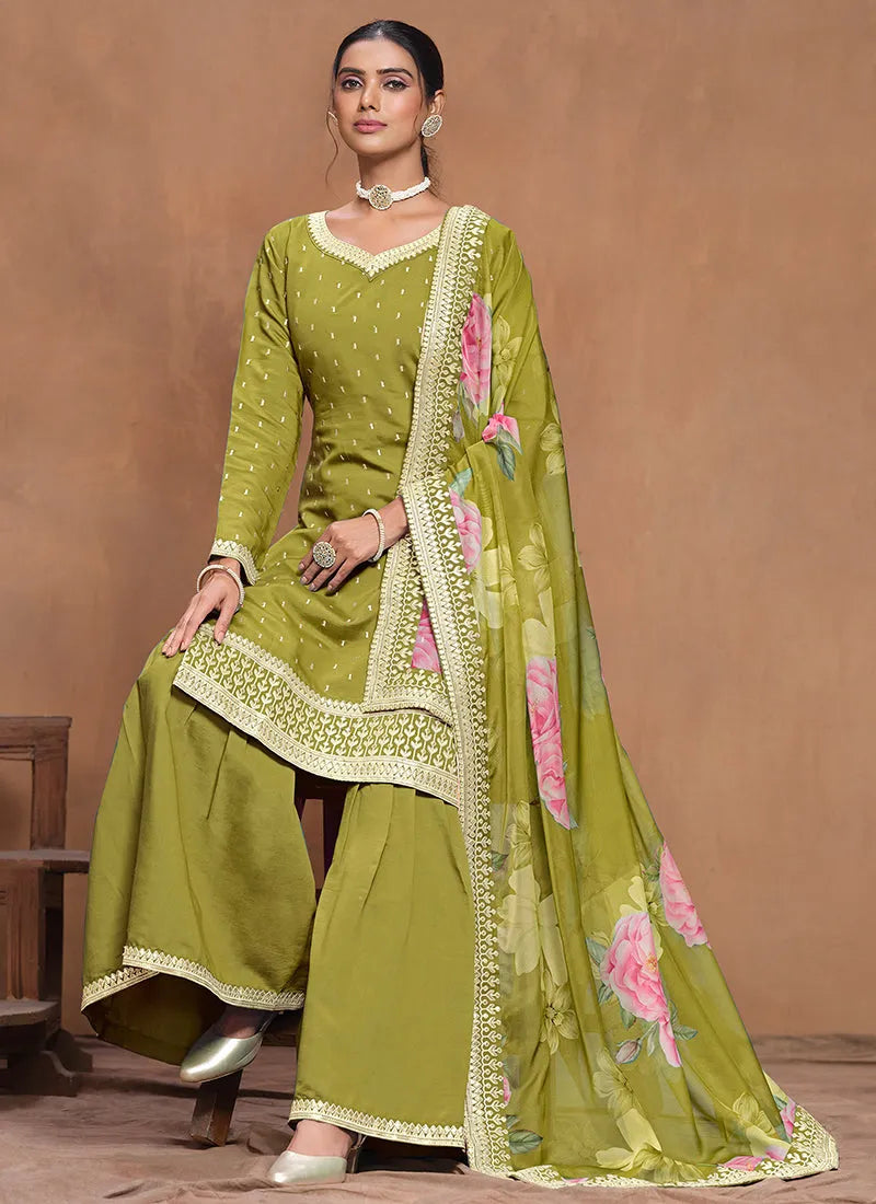 Designer Lime Green Embroidered Silk Sharara  Suit Free Shipping Pices