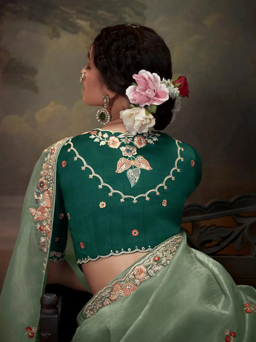 Elegant Light Green Embroidered Fancy Saree Wiki For Sale