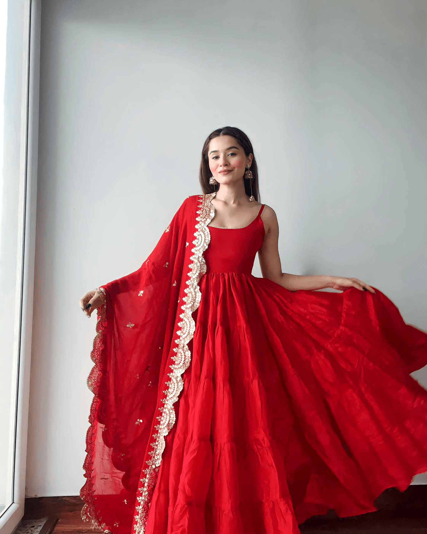 Red Ruffle Sleeveless Gown With Heavy Dupatta Really For Sale