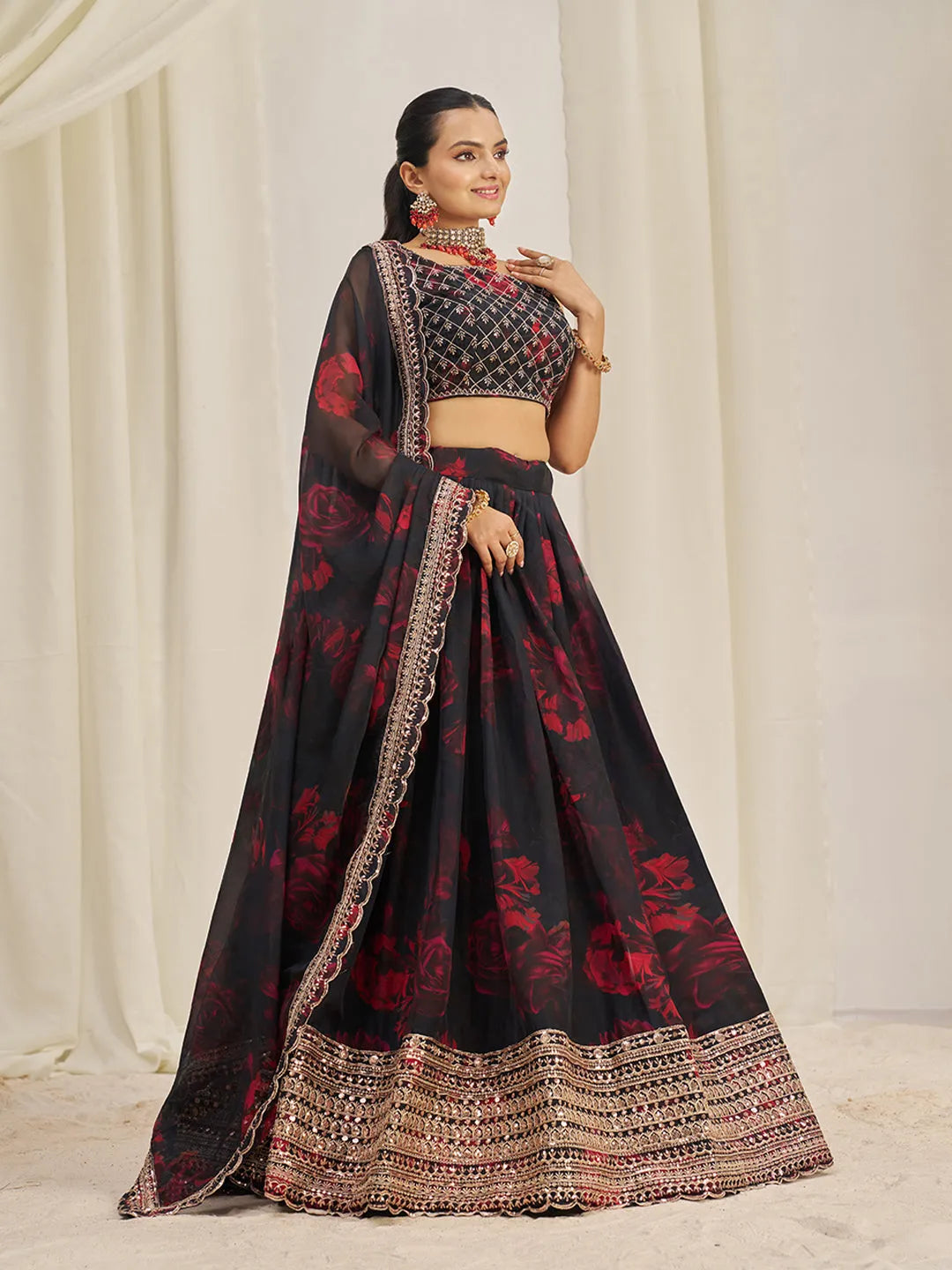 Black Organza Zari Dori Sequins Floral Lehenga Choli Set Grey Outlet Store Online