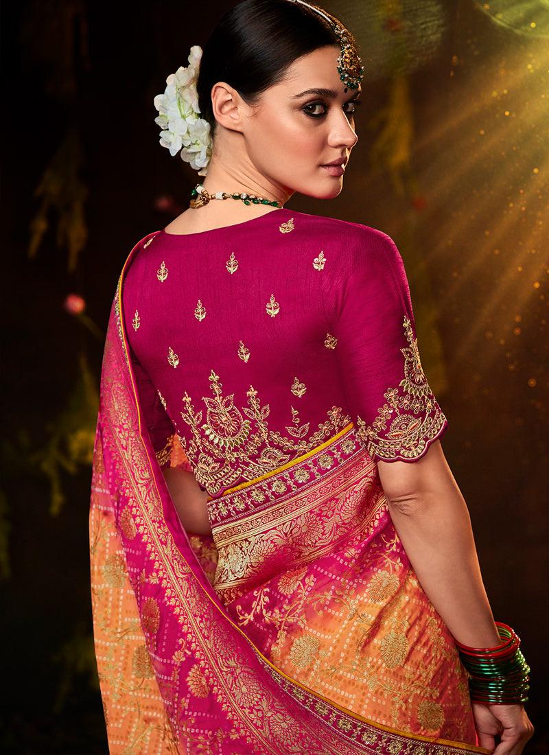 Embroidered Blouse With Light Orange Bandhej Saree Real Sale Online