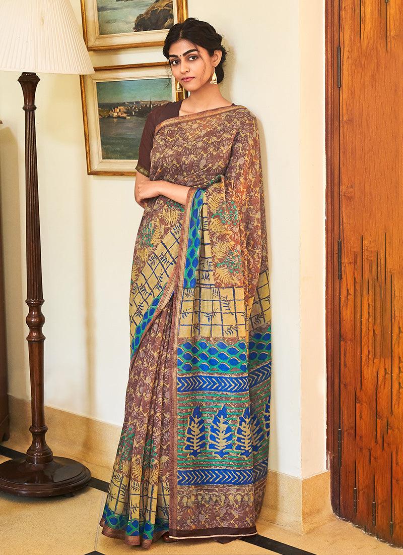 Multi-Color Printed Saree With Plain Blouse Classic For Sale