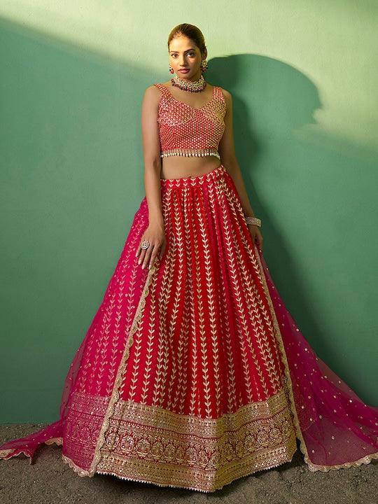 Red Georgette Sequinned and Embroidered Lehenga choli Free Shipping With Mastercard