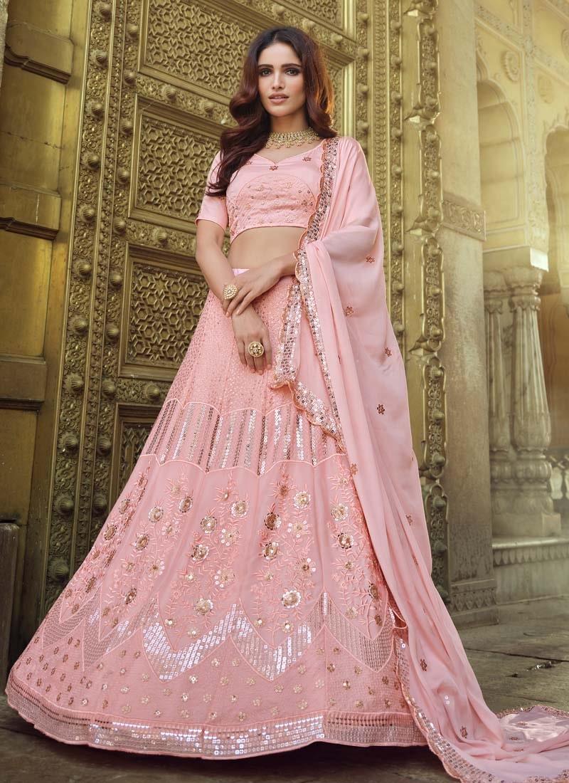 Gorgeous Sequins Work Peach Color Georgette Fabric Flared Lehenga Choli Shipping Discount Authentic