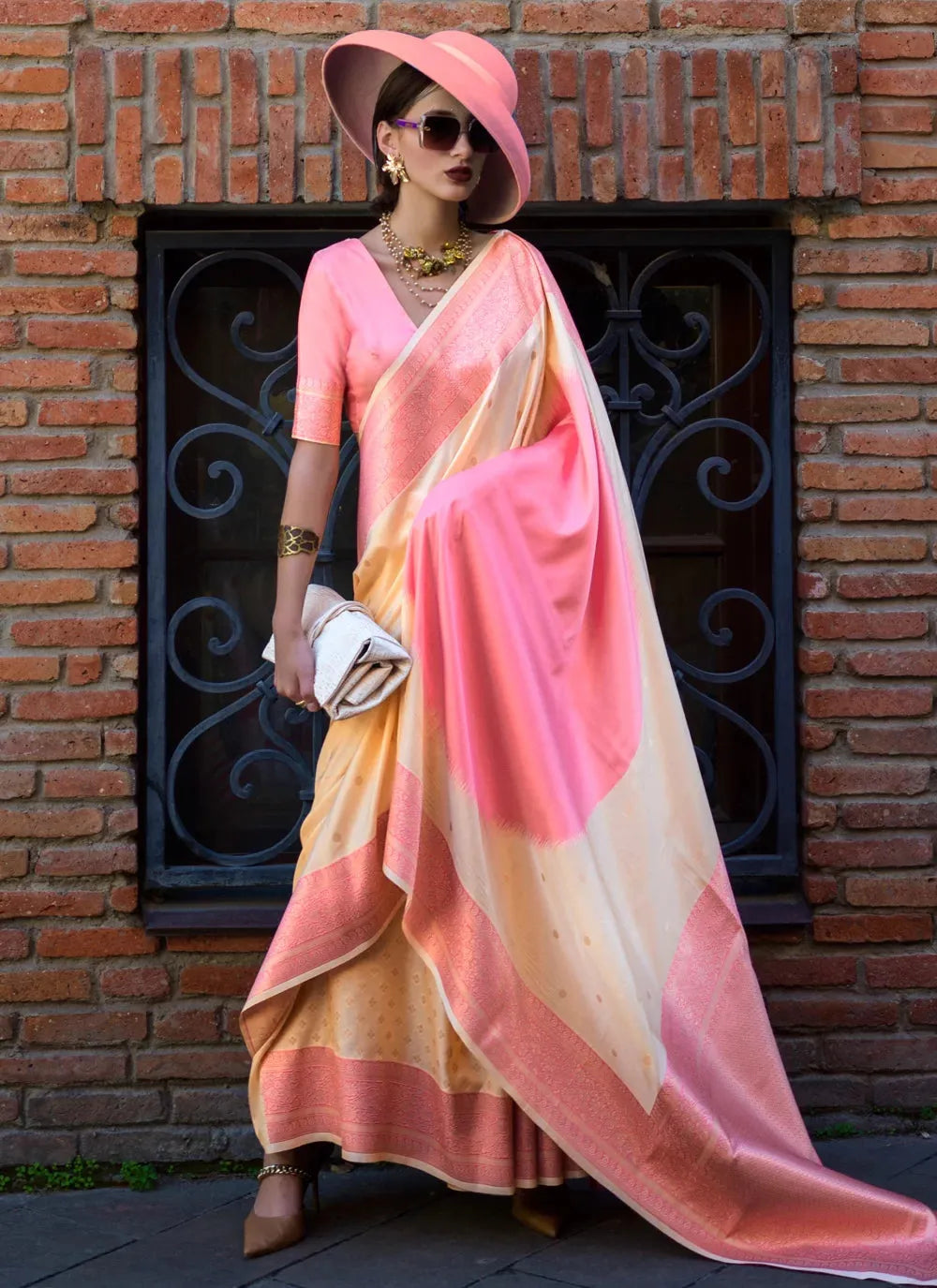 Stunning Pink-Cream Handloom Silk Trendy Saree Discount Shop For