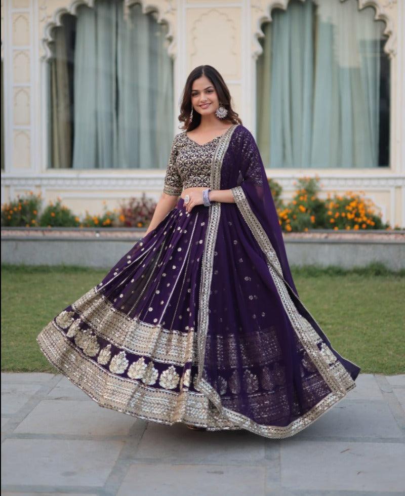 Wonderful Purple Faux Georgette Heavy Sequins Embroidered Lehenga Choli Set Cheap Sale How Much