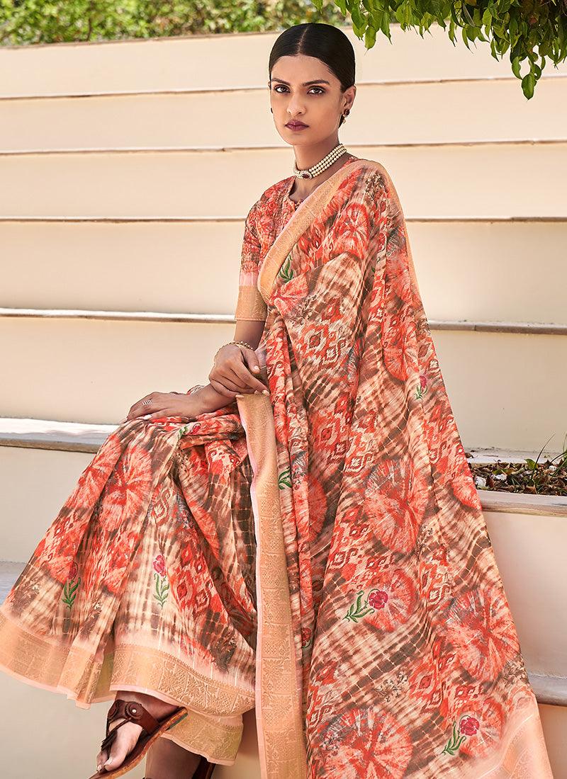 Peach Color Dynamic Printed Partywear Saree Cheap Affordable