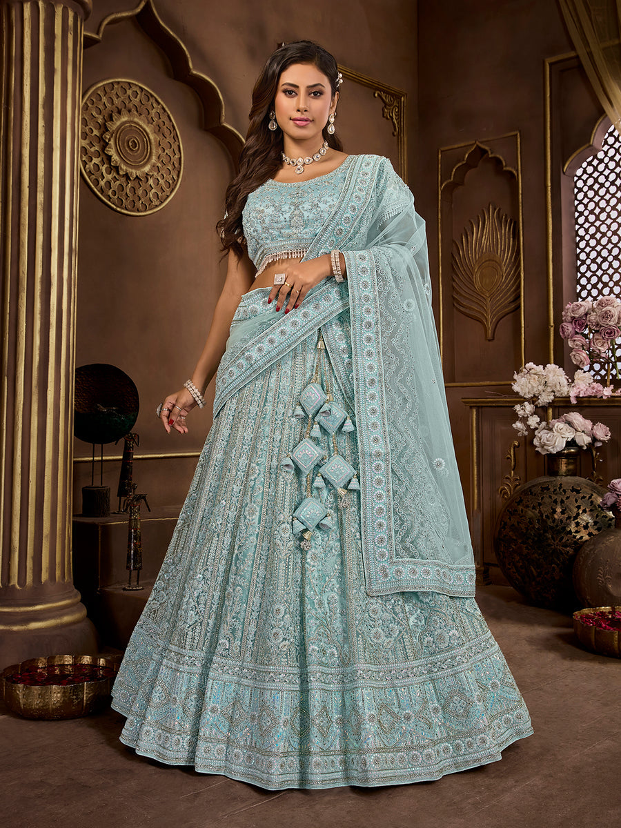 Heartwarming Sky Blue Premium Net Bridal Lehenga Choli Explore