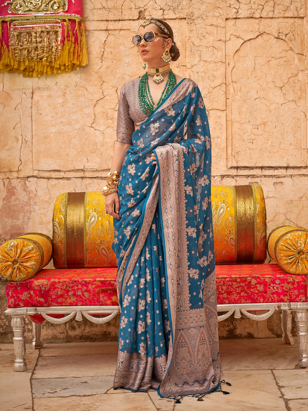 Vibrant Teal Blue Georgette Saree with Weaving Butta Border Buy Cheap Many Kinds Of