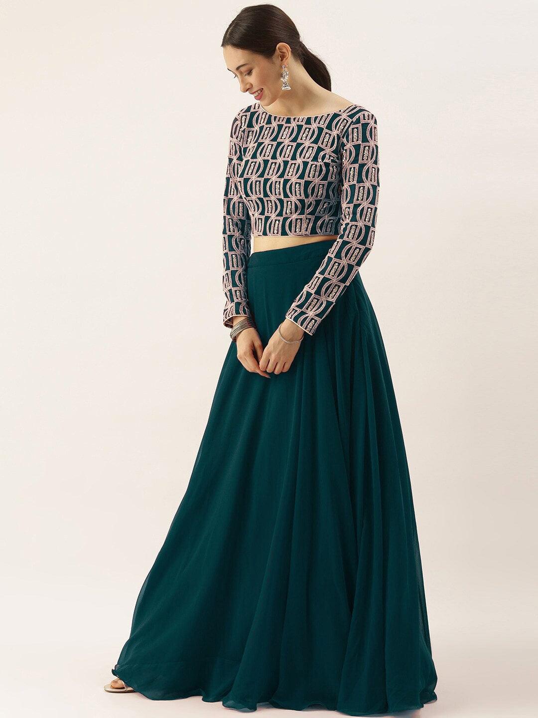 Teal Georgette embroidered and thread work lehenga choli Free Shipping Cheap