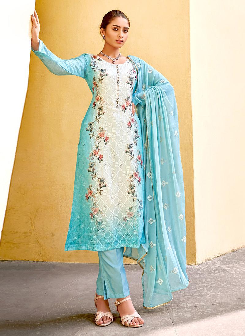 Light Blue Color Art Silk Fabric Resham Work Printed Pant Style Suit Outlet 2025