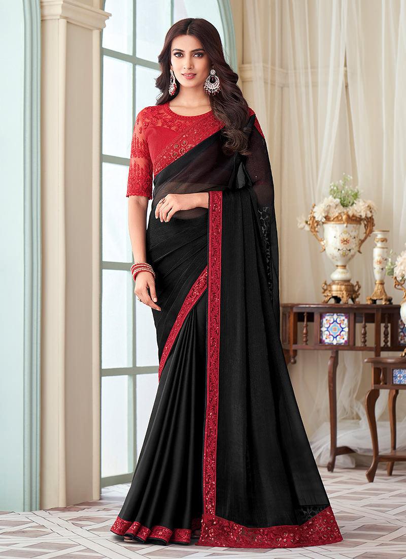 Red And Black Silk Fabric Embroidered Saree Free Shipping Pick A Best