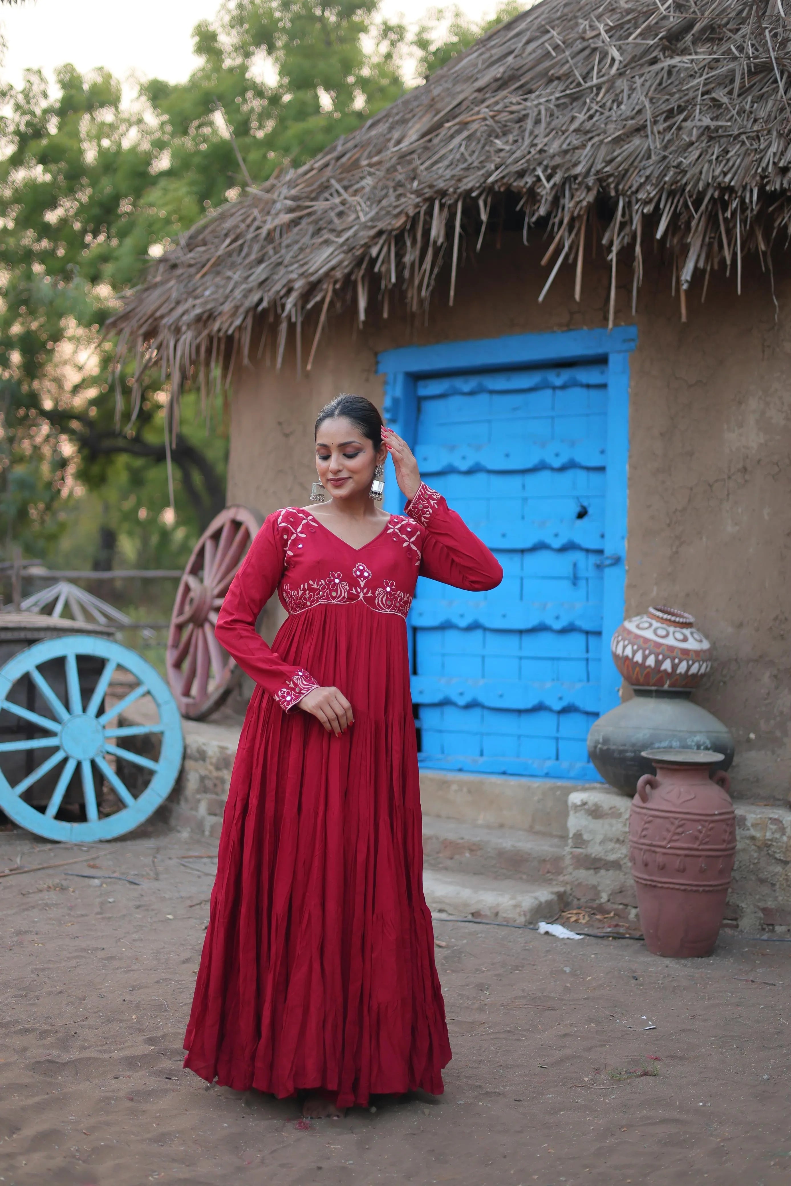 Maroon Rayon Fully Flared Mirror Worked Designer Navratri Gown Get To Buy