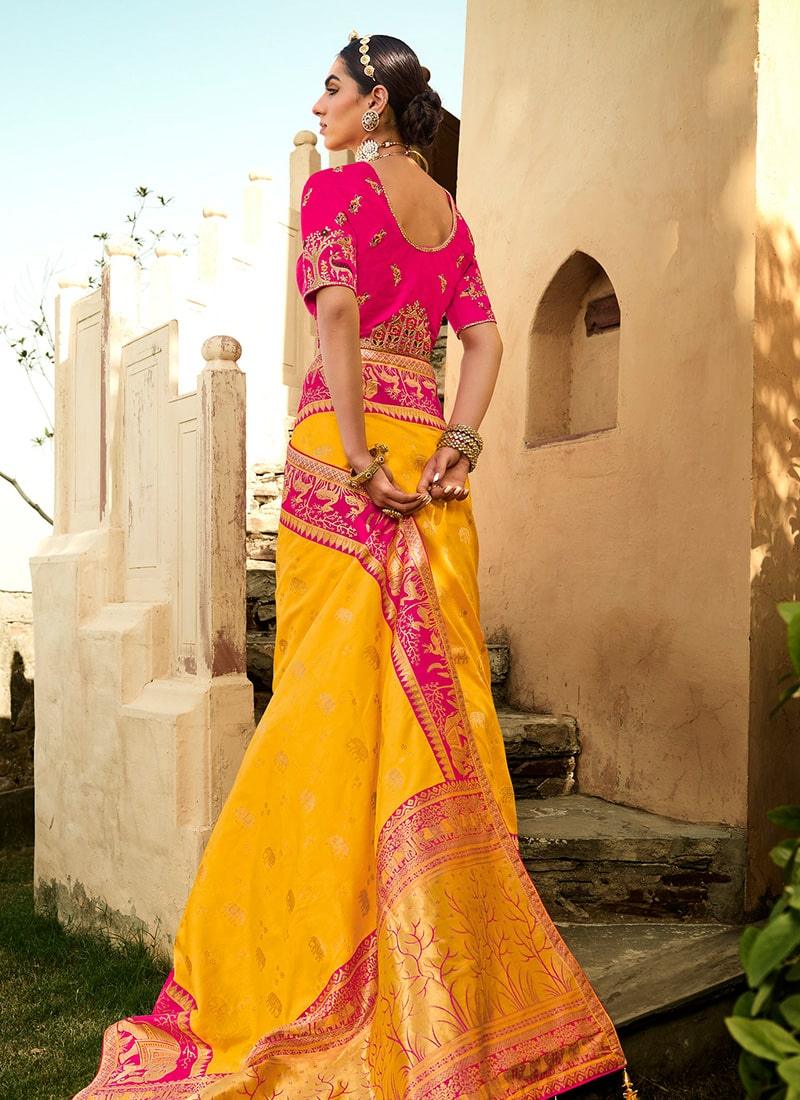 Yellow Color Silk Fabric Silk Weave Saree With Pink Color Blouse 100% Authentic Cheap Online