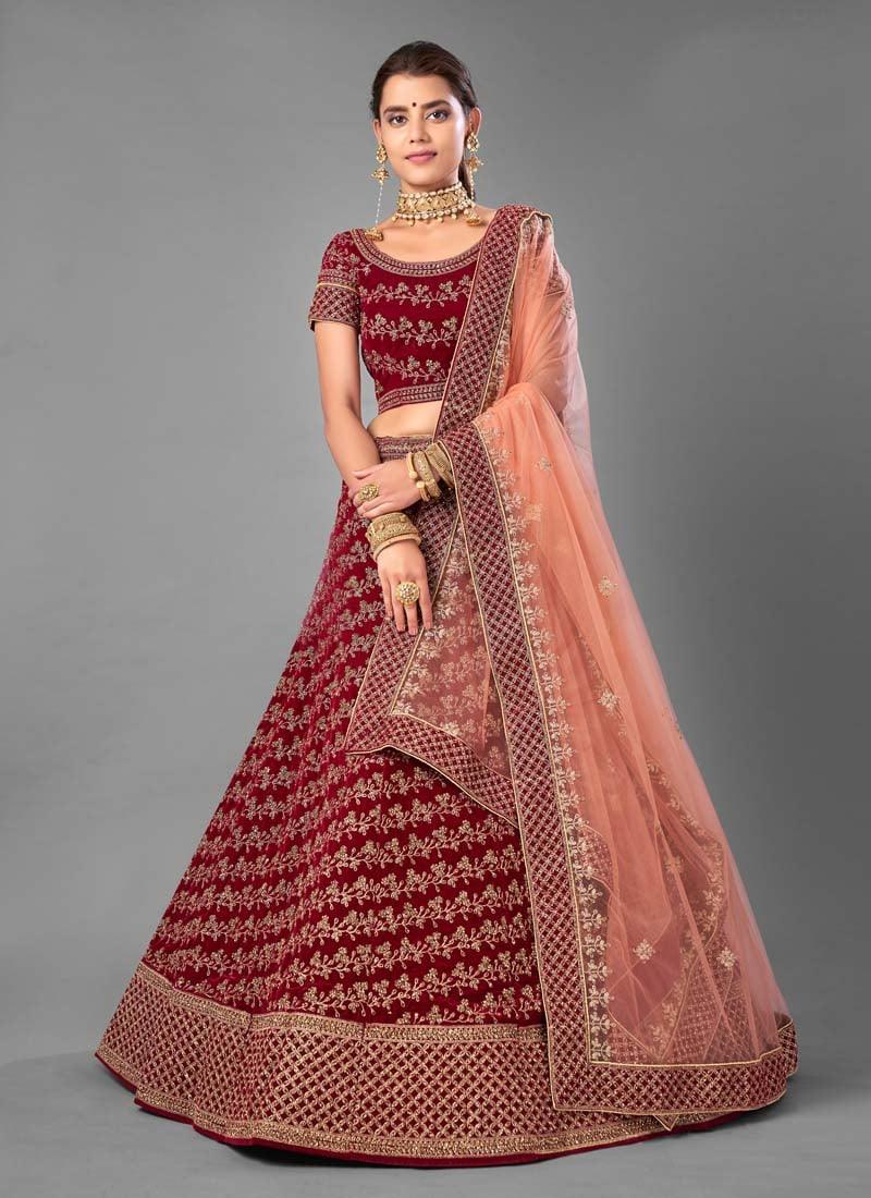 Splendid Velvet Fabric Stone And Dori Work Maroon Color Lehenga Choli Buy Cheap Inexpensive