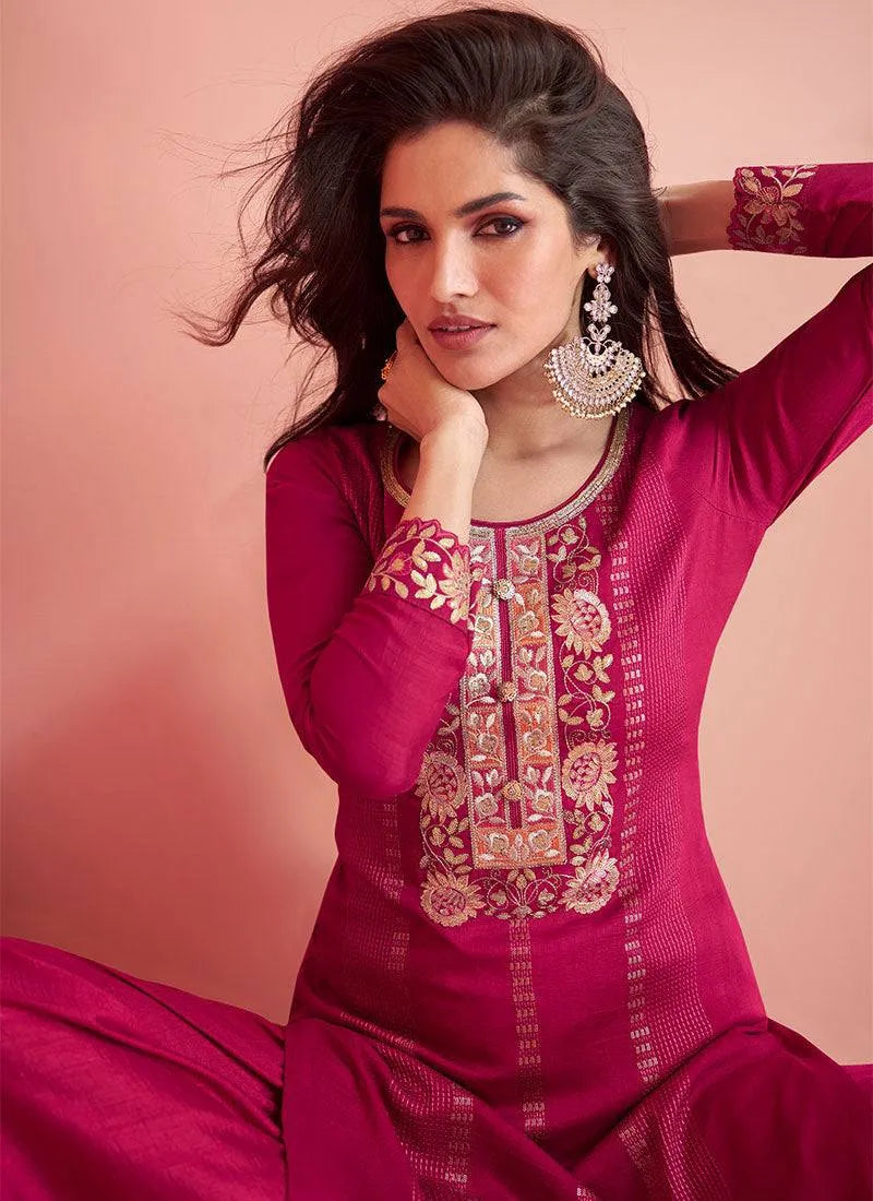 Enchanting Dark Pink Embroidered Vichitra Silk Palazzo Suit Shop For Cheap Online