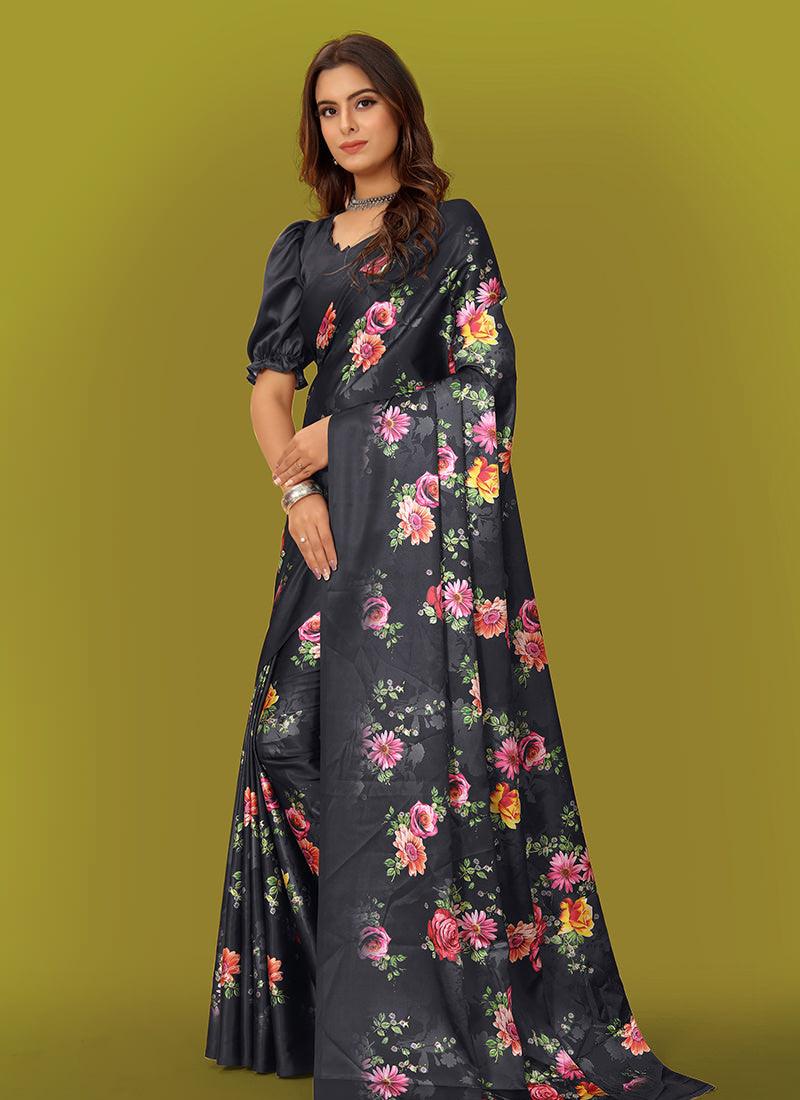 Black Color Puff Sleeves Satin Saree Discount Looking For