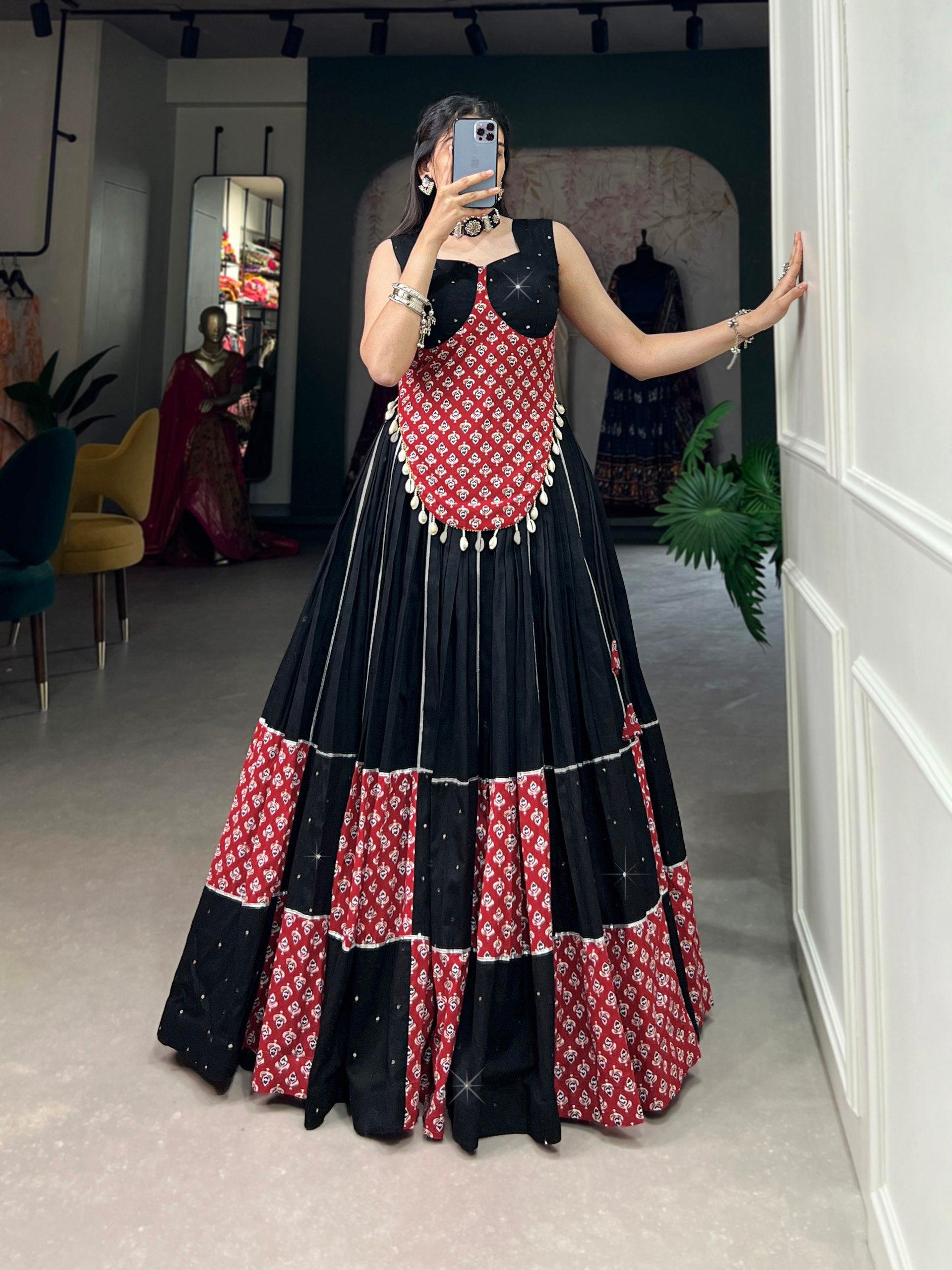 Black Colored Printed Foil Mirror Gota Patti Worked Navratri Lehenga Set Where To Buy Low Pice