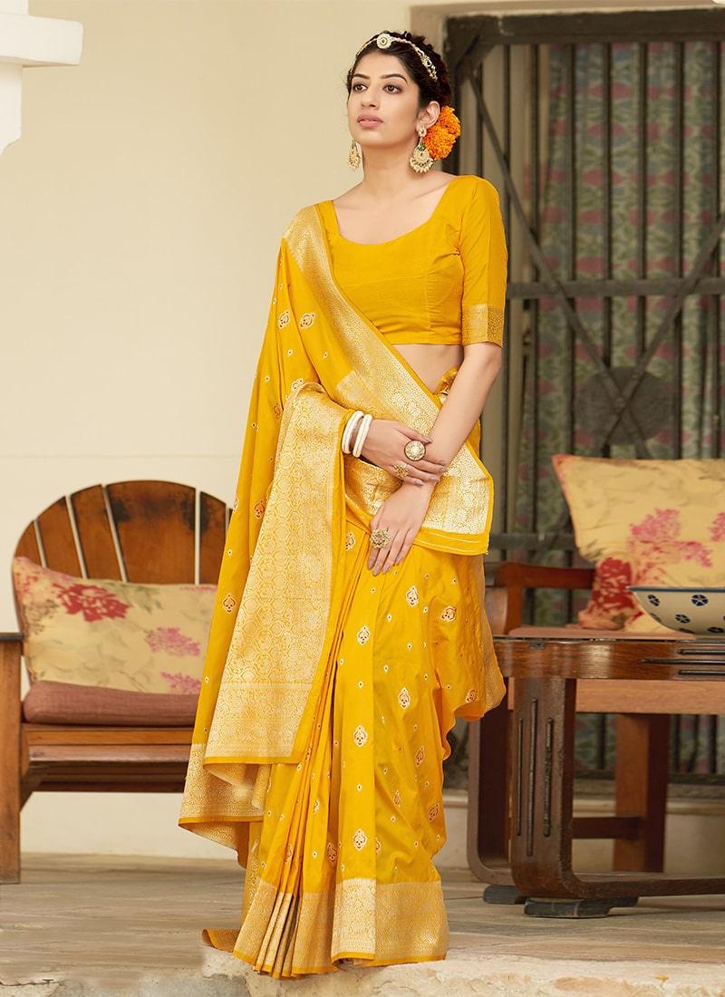 Yellow Color Banarasi Silk Fabric Saree With Silk Weaving Cheap Sale Cheapest