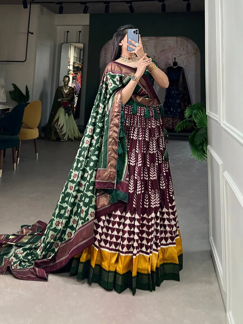 Wonderful Wine Tussar Silk Printed Foil Worked Lehenga Choli Brand New Unisex