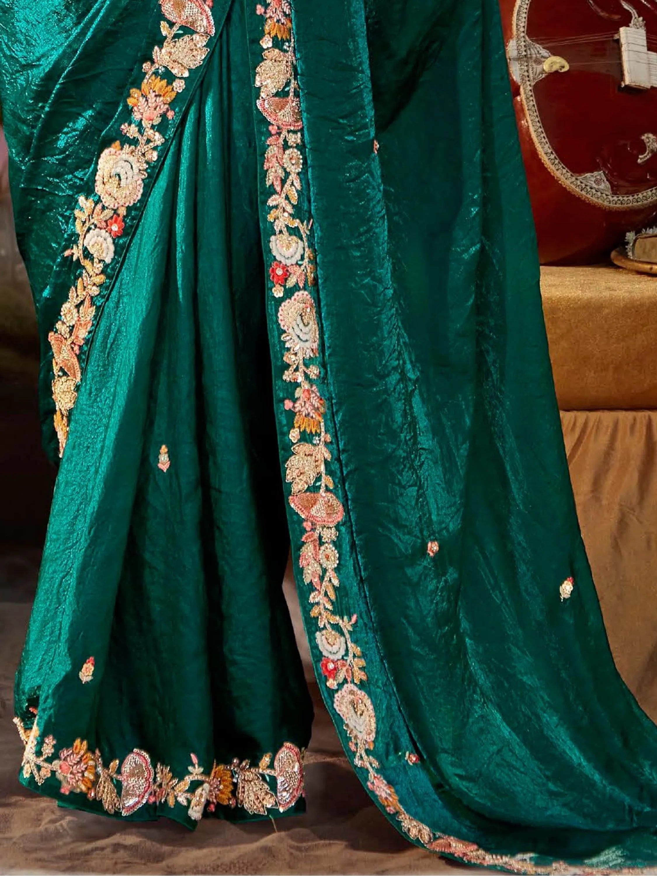 Teal Green Pure Organza Festive Wear Designer Saree With Blouse Clearance Recommend