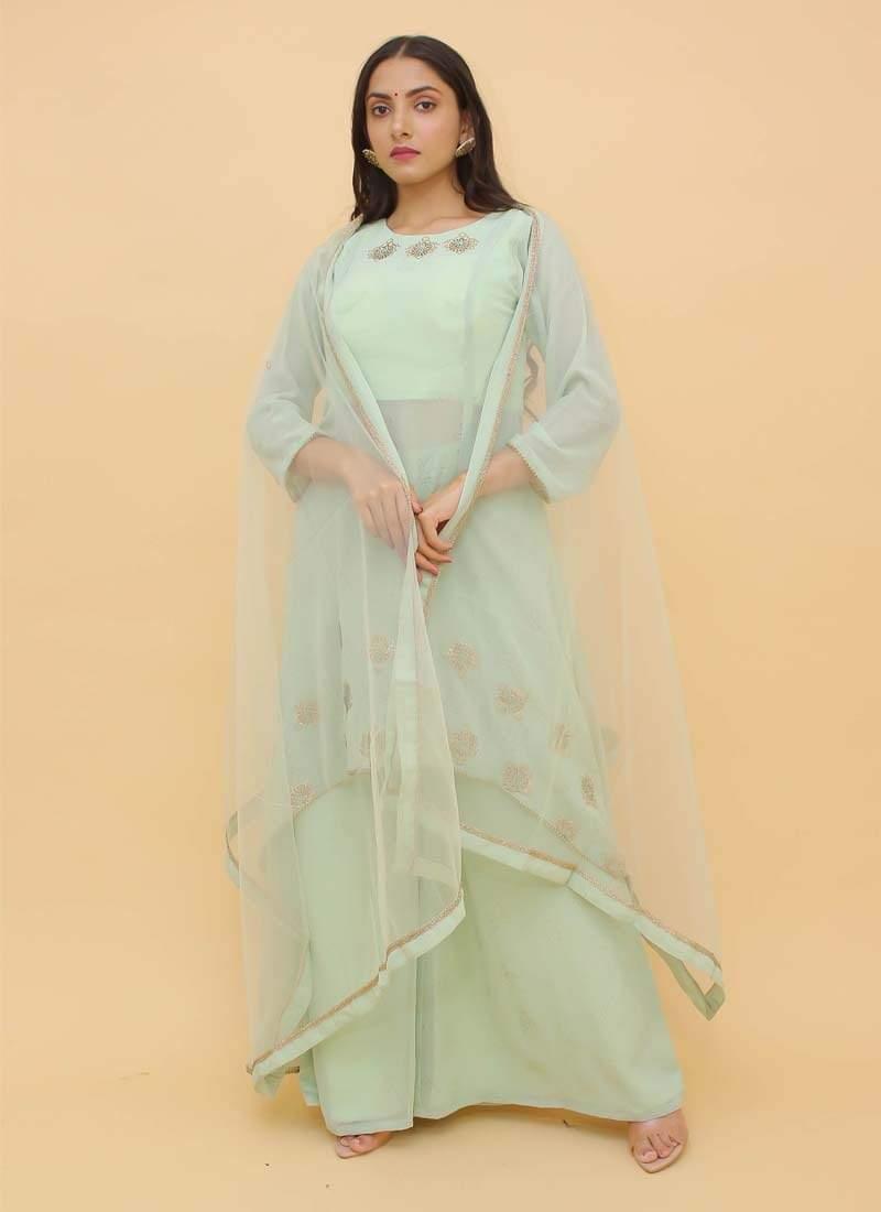 Pale Green Color 3/4th Sleeves Palazzo Salwar Suit With Stone Work Cheap Discounts