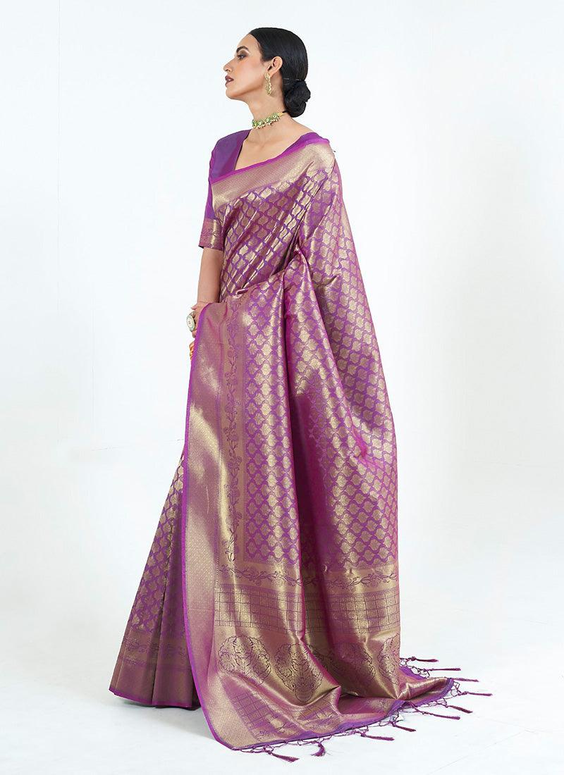 Terrific Look Dark Purple Color Silk Base Silk Weave Embroidered Saree With Paypal Free Shipping