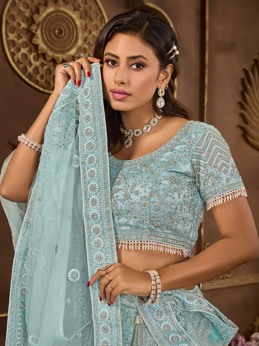 Heartwarming Sky Blue Premium Net Bridal Lehenga Choli Explore