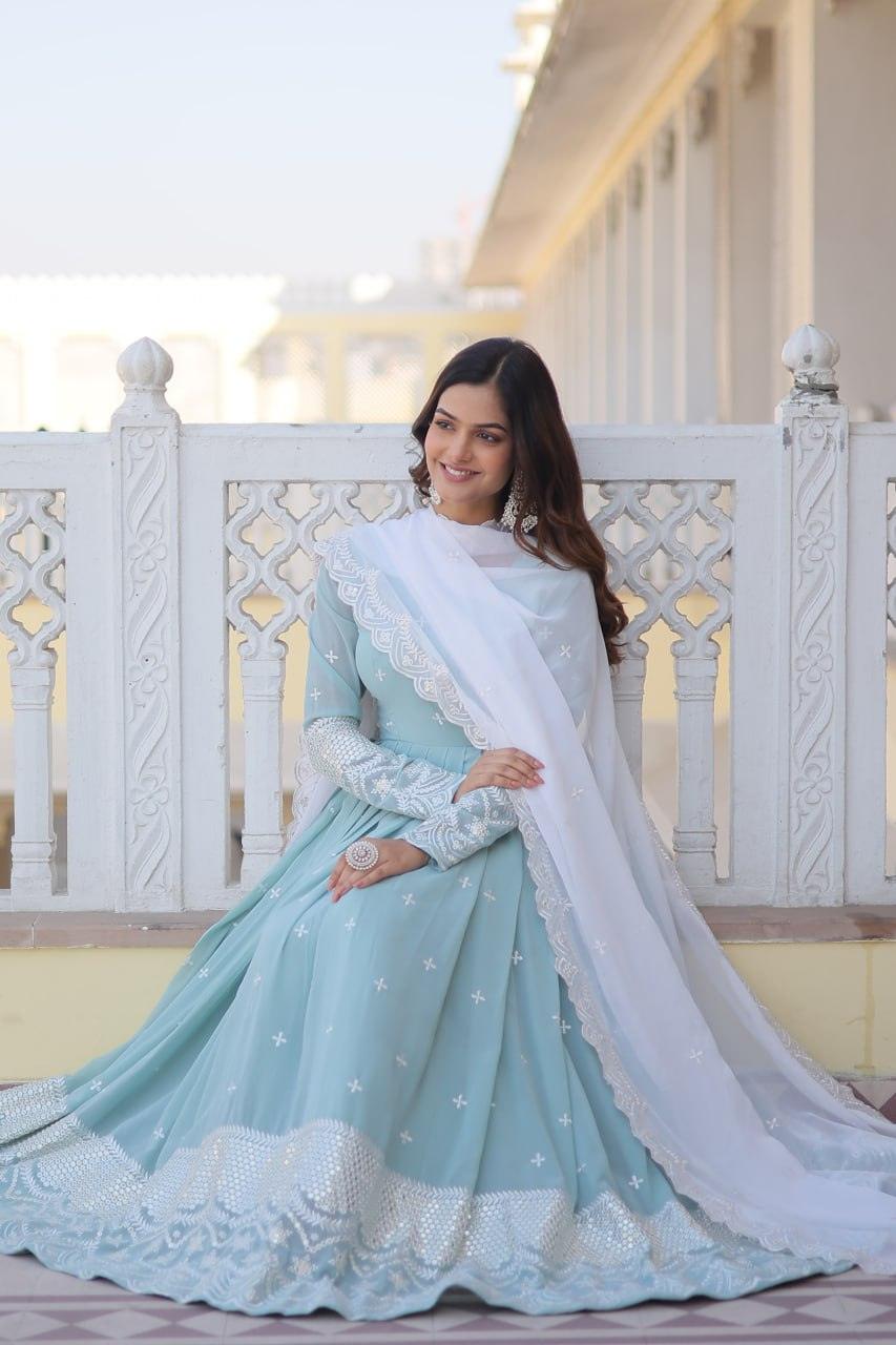 Sky Blue Faux Georgette Thread Sequins Embroidered Gown Cheap Sale Latest Collections